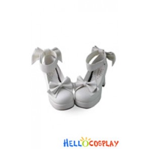 Princess Lolita Shoes White Matte Chunky Wide Ankle Strap Bows