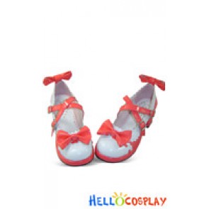 Red Color Blocking Bow PU Leather Chunky Heel Lolita Shoes