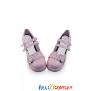 Mirror Pink Two Straps Ruffle Chunky Princess Lolita Shoes