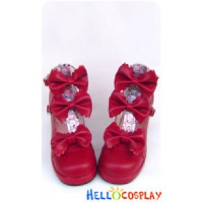 Wine Red Three Bows Ruffle Chunky Princess Lolita Shoes