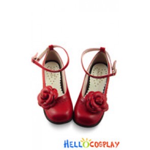 Wine Red Ruffle Flower Contract Chunky Sweet Lolita Shoes
