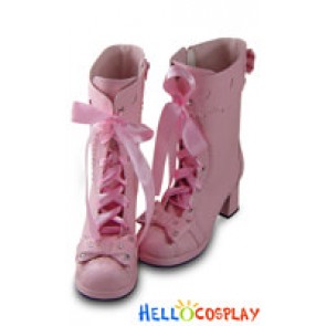 Pink Bows Satin Lace Up Chunky Princess Lolita Boots