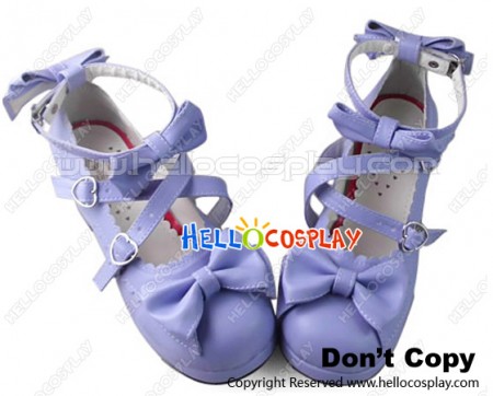 Princess Lolita Shoes Sweet Purple Matte Chunky Ankle Straps Ruffle Lace Bows