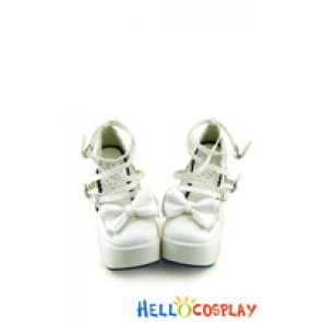 White Three Bows Straps Chunky Princess Lolita Shoes