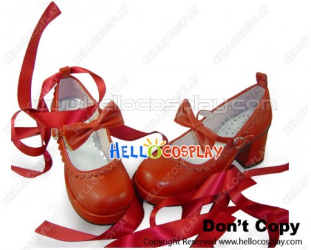 Wine Red Long Satin Strap Chunky Princess Lolita Shoes