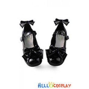 Sweet Lolita Shoes Matt Black Lace Instep Strap Bows Chunky Heel