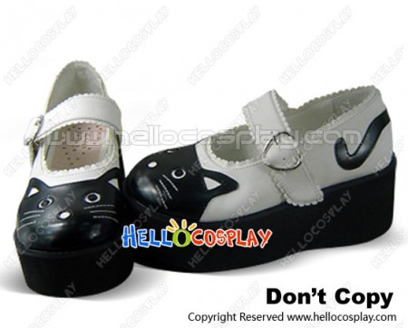 Black And White Cartoon Cat Toe Ankle Strap Sweet Lolita Shoes