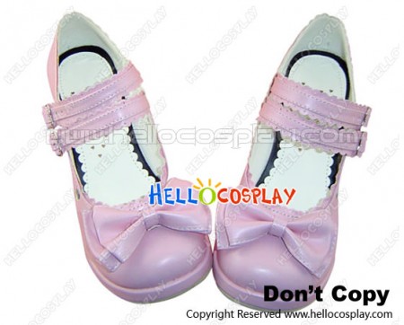 Pink Bow Ruffle Double Straps Chunky Princess Lolita Shoes
