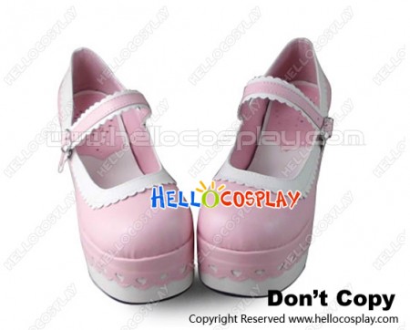Princess Lolita Shoes Platform Pink White Lace Single Strap Heart Shaped Buckle