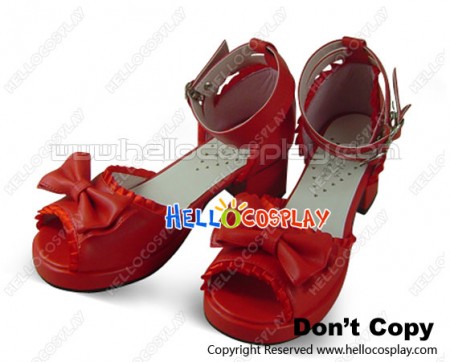Matt Red Open Toe Satin Ruffle Chunky Princess Lolita Shoes