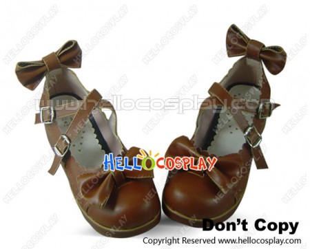 Brown PU Leather Ankle Strap Bow Wedge Lolita Shoes