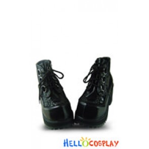 Matte Black Lace Shoelace Chunky Punk Lolita Ankle Boots