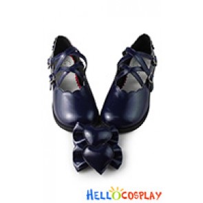 Princess Lolita Shoes Ultramarine Dark Blue Heart Shaped Bow Low Chunky