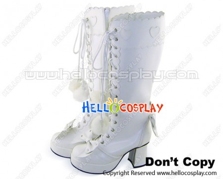 Matt White Bows Shoelace Ruffle Chunky Princess Lolita Boots