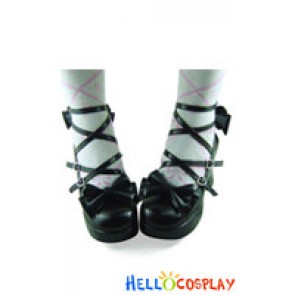 Matte Black Crossing Straps Sweet Chunky Princess Lolita Shoes