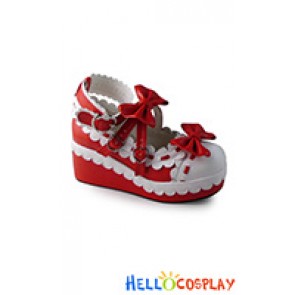 Princess Lolita Shoes Matte Red White Lace Ankle Strap Heart Shaped Buckles Bows Wedge