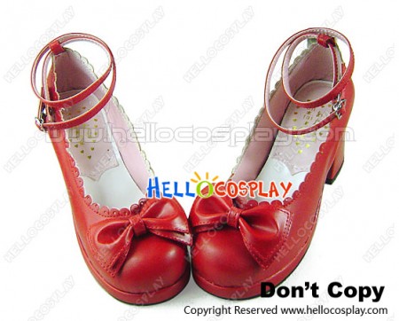 Red Ruffle Bow Contract Chunky Sweet Lolita Shoes