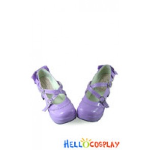 Mirror Purple Back Bow Ruffle Strap Chunky Princess Lolita Shoes