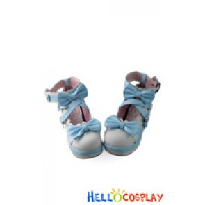 Sweet Lolita Shoes Platform Blue White Lace Straps Bows Ruffle