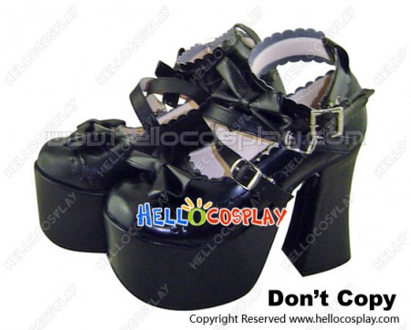 Matte Black Ruffle Bow Chunky Sweet Lolita Shoes