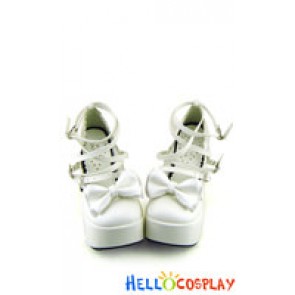 White Bow Thin Straps Chunky Sweet Lolita Shoes