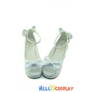 Mirror White Chunky Bows Ruffle Princess Lolita Shoes