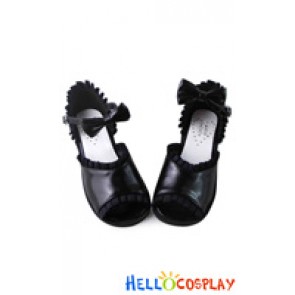 Sweet Lolita Shoes Black Ankle Strap Bow Lace Fish Mouth Flat Heel