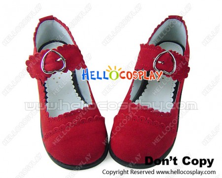 Red Ruffle Heart Shaped Buckle Flat Sweet Lolita Shoes