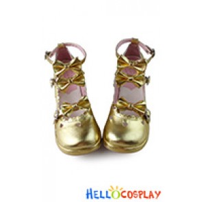 Princess Lolita Shoes Gold Three Bows Straps Chunky Heart Shaped Diamond Buckles