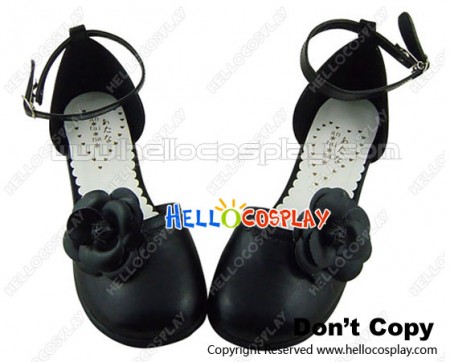 Black Alice Flower Ankle Strap Chunky Sweet Lolita Shoes