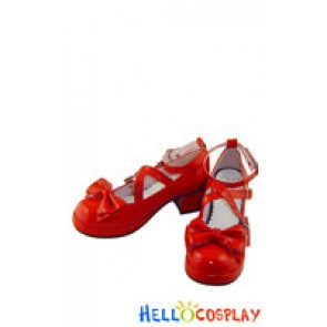 Mirror Red Ruffle Bow Straps Chunky Princess Lolita Shoes