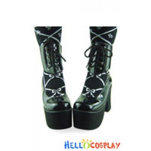 Black Shellac Ankle Strap Lacing Chunky Punk Lolita Shoes