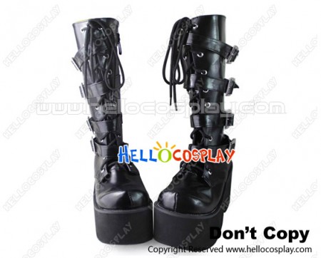 Punk Lolita Boots Black Matte Chunky Straps Lace Up Buckles