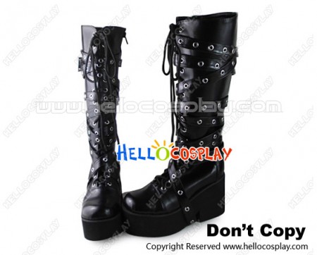 Punk Lolita Boots Black Lace Up Rivet Leg Straps Chunky Heel