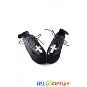 Punk Lolita Shoes Black White Cross Angel Wings High Platform