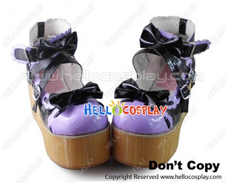 Princess Lolita Shoes Platform Purple Mirror Lace Black Bows Crossing Straps