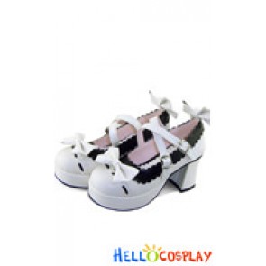 White Crisscross Bow Black Lace PU Leather Chunky Heel Shoes
