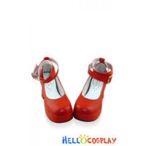 Matt Red Ankle Buckle Straps Chunky Princess Lolita Shoes