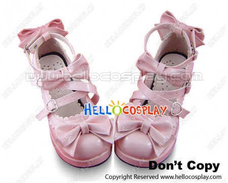 Mirror Pink Ruffle Bows Straps Chunky Princess Lolita Shoes
