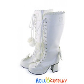 Matt White Bows Shoelace Ruffle Chunky Princess Lolita Boots