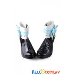 Punk Lolita Short Boots Black Mirror White Lace Metal Chain Decoration Blue Ankle Strap Bow