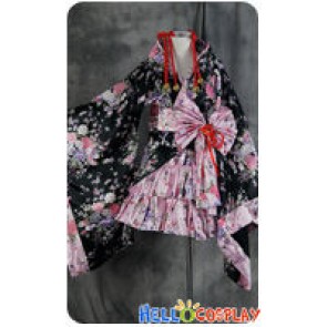 Lolita Cosplay Black Flowers Japan Kimono Maid Dress Costume