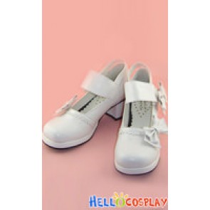 White Chunky Round Bow Princess Lolita Shoes With Ankle Strap