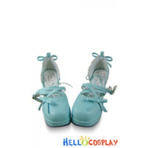 Matt Blue Bow Crossing Straps Chunky Sweet Lolita Shoes
