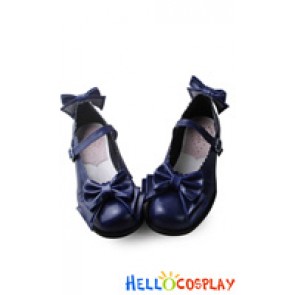 Princess Lolita Ultramarine Dark Blue Heart Shaped Lace Bows Flat Heel