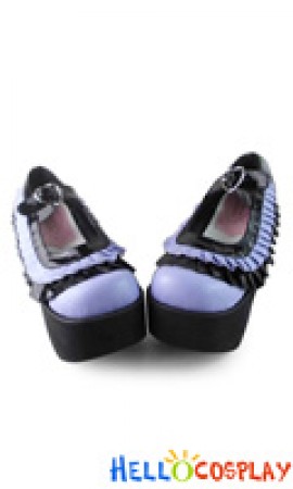 Punk Lolita Shoes Platform Black Mirror Purple Matte Ruffle Single Strap