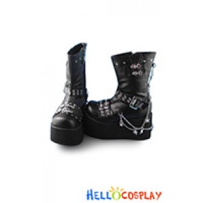 Punk Lolita Boots Black Platform Zipper Skull Chains Rivet Lace Up Buckles