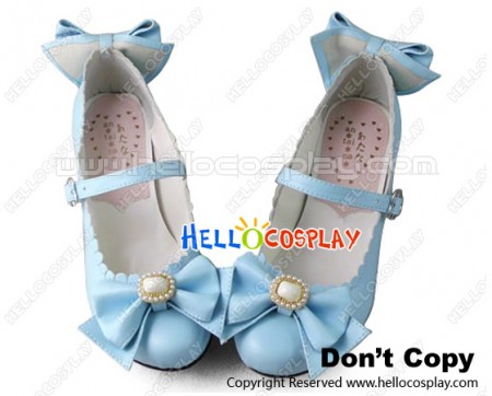Sweet Lolita Shoes Blue Single Strap Heart Shaped Buckle Earrings Bows