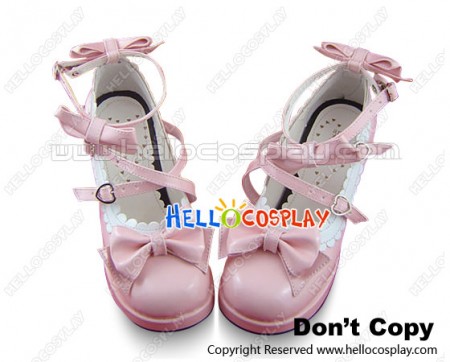 Mirror Pink White Ruffle Bows Straps Chunky Princess Lolita Shoe