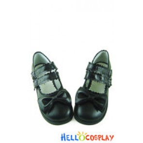 Black Bow Ruffle Double Straps Chunky Princess Lolita Shoes